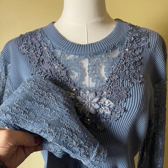 Vintage Blue Lace Maxi Dress Boho Prairie Long Sleeve Made in USA Size S/M - Picture 11 of 12